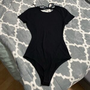 Reformation black open back backless tie bodysuit SZ S rib knit